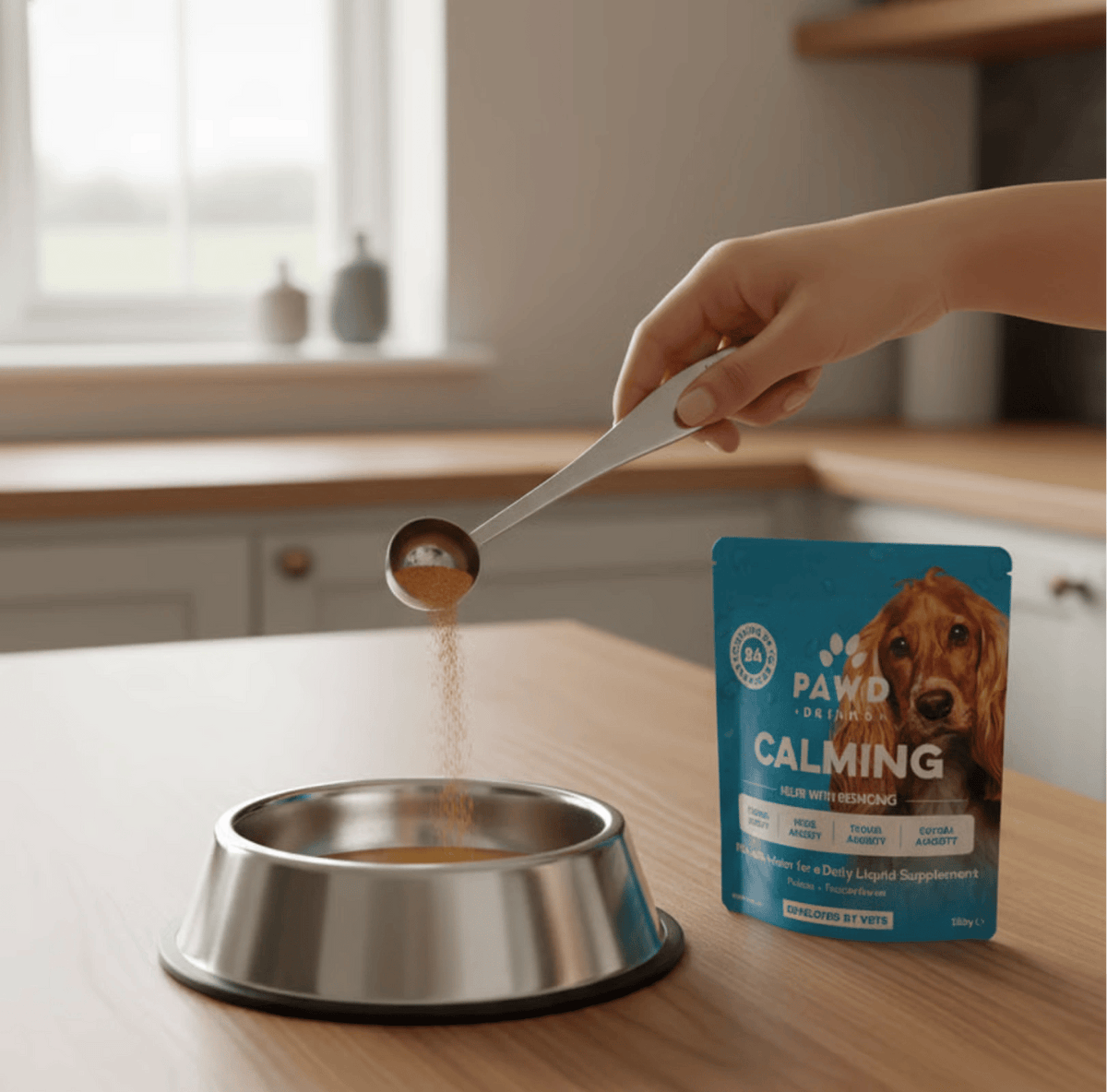 A person pours a powdered supplement from a scoop into a metal dog bowl on a wooden table.