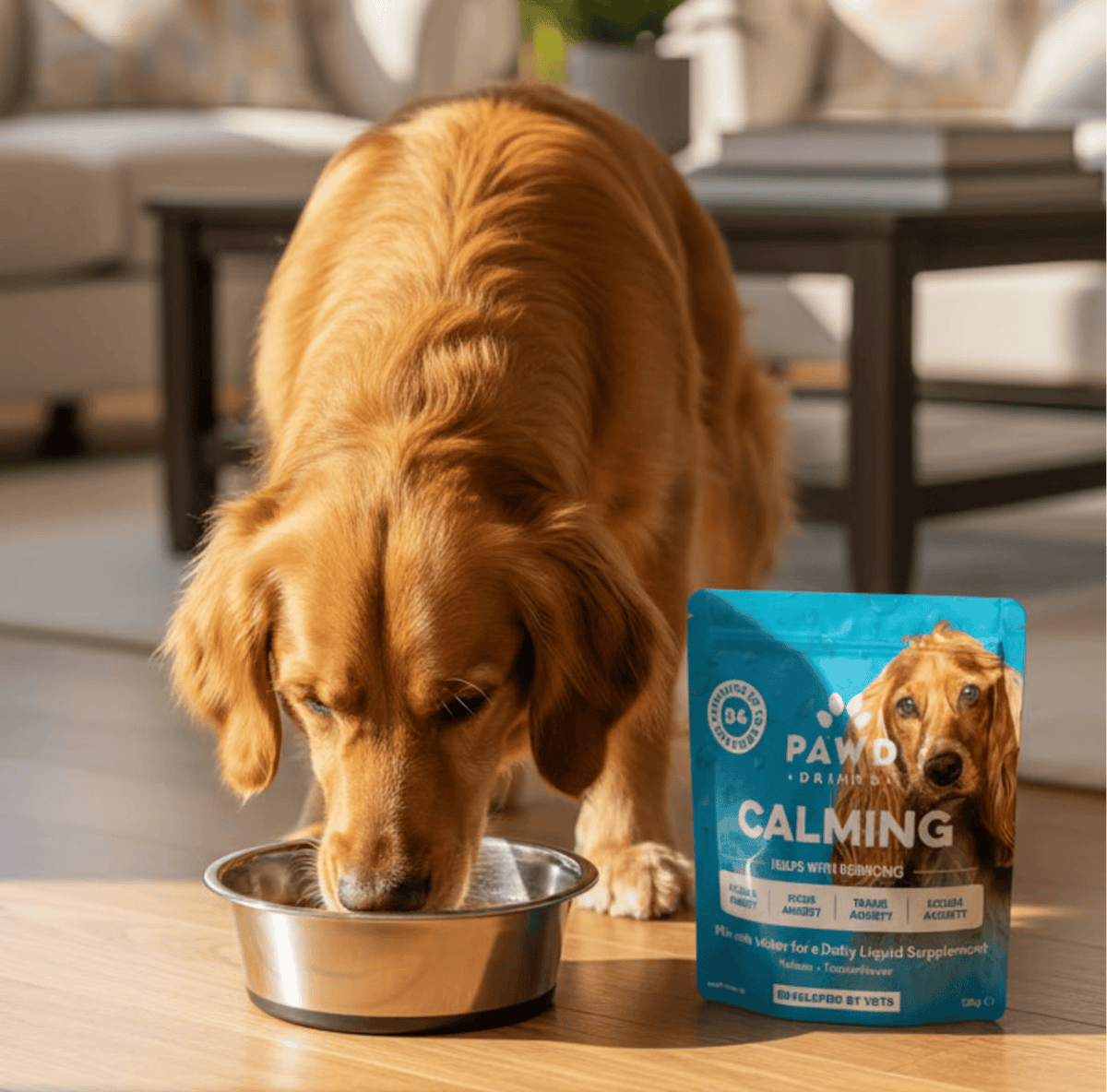 A golden retriever eats from a metal bowl next to a pouch of Pawd Calming dog supplement.