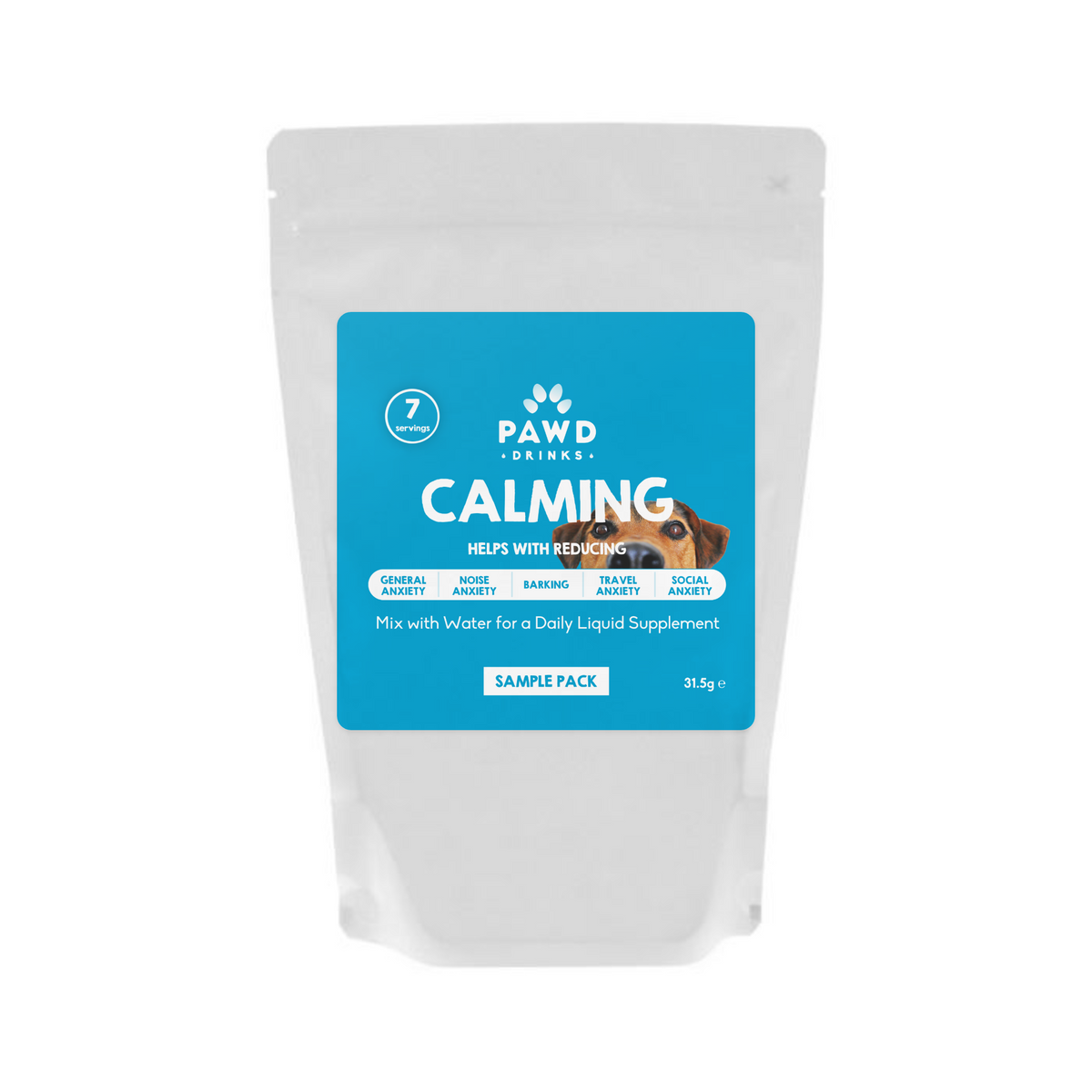 White plastic pouch with a blue label for PAWD DRINKS CALMING sample pack, 31.5g.